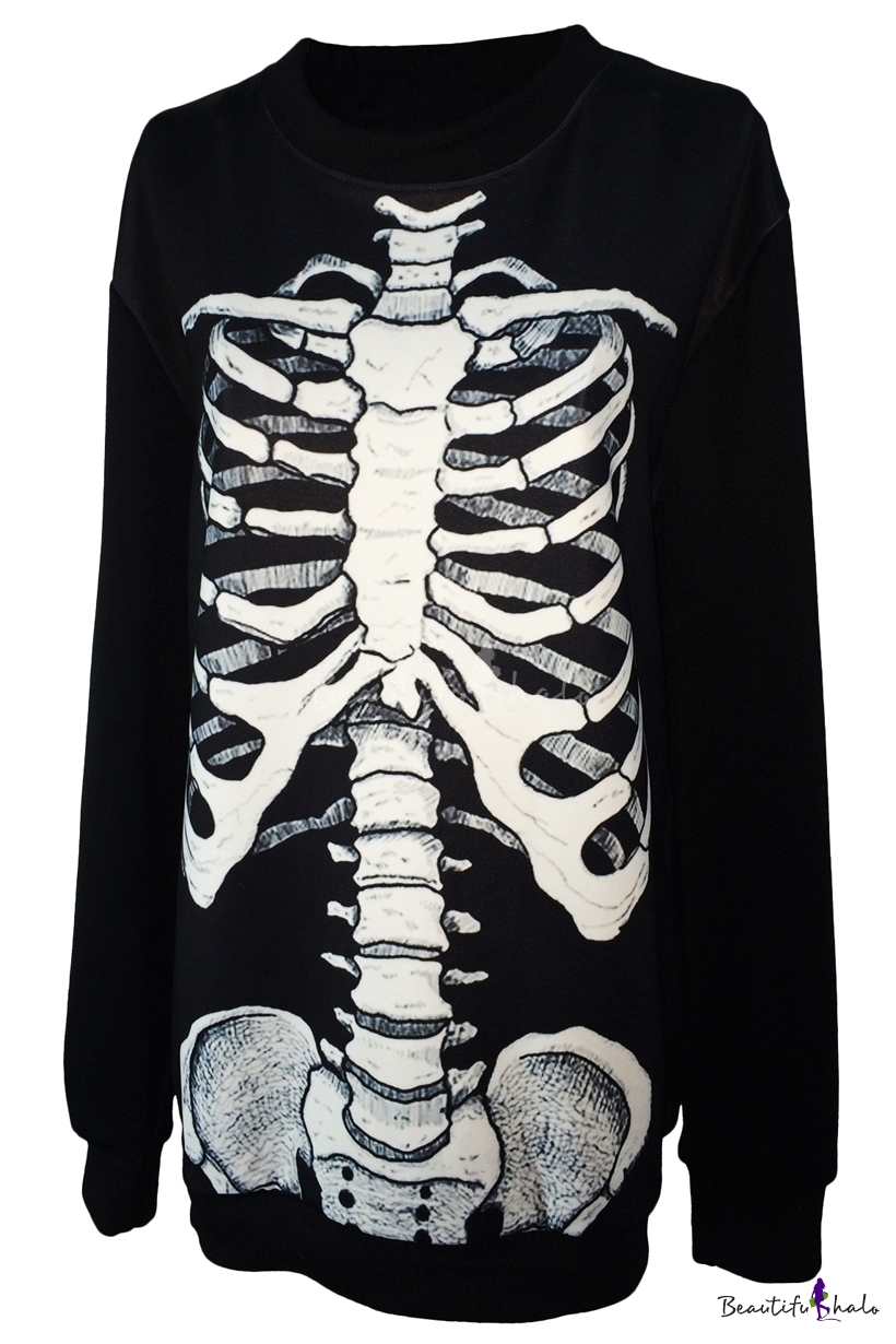 Unique Skeleton Print Black Sweatshirt - Beautifulhalo.com