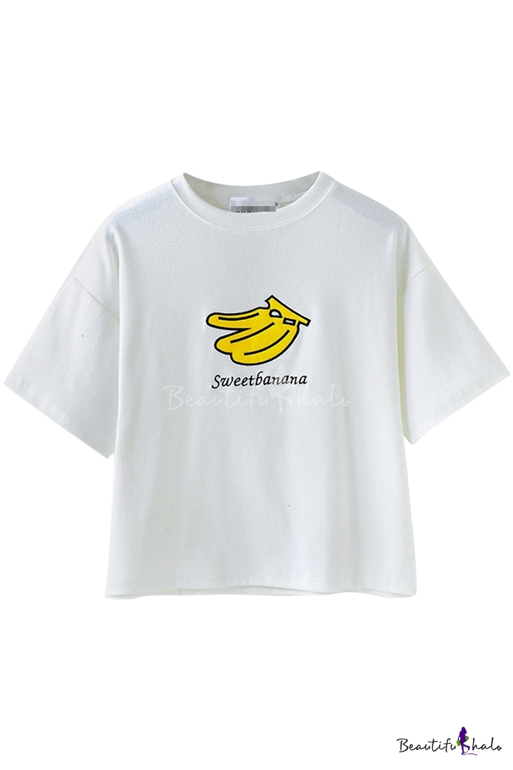 Fruit Banana Print Round Neck Short Sleeve T-Shirt - Beautifulhalo.com
