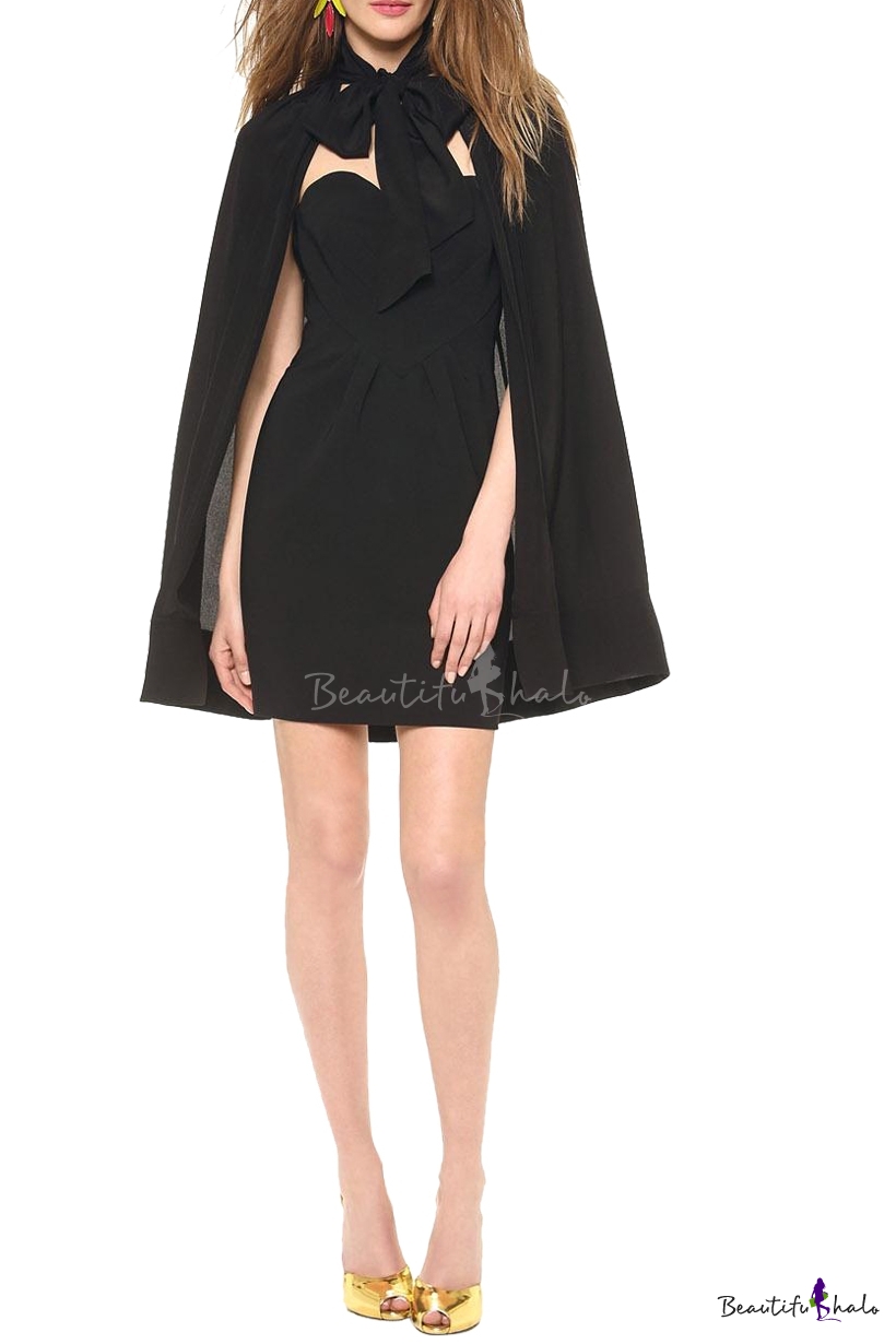 Black Sweetheart Neck Mini Dress with Bow Tie Neck Cape Cover - Beautifulhalo.com