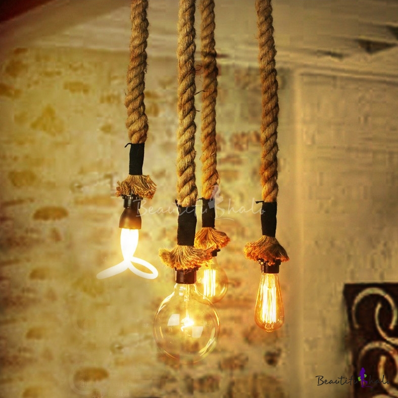 Four Light Hemp Rope Led Hanging Pendant - Beautifulhalo.com