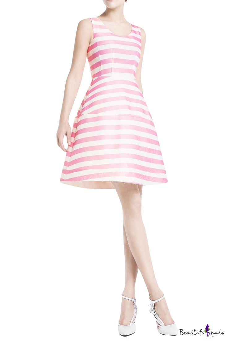 Sweet Navy Style Stripe Pattern Sleeveless A-line Dress - Beautifulhalo.com