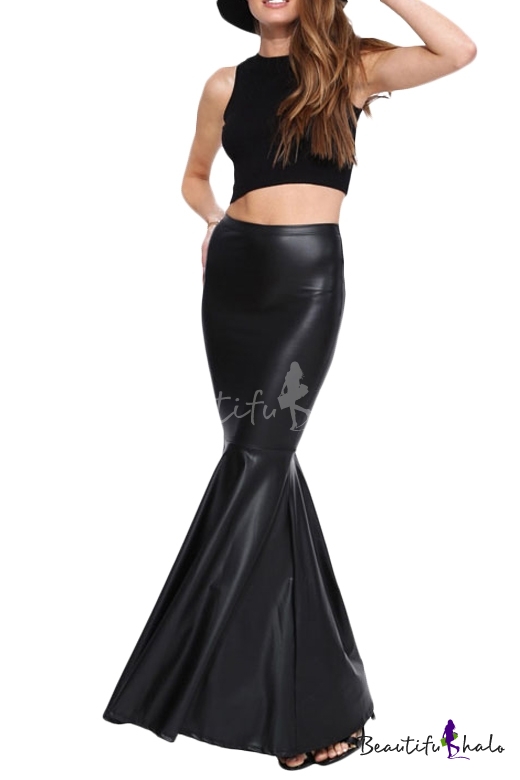 PU Mermaid Hem Longline Black Skirt - Beautifulhalo.com