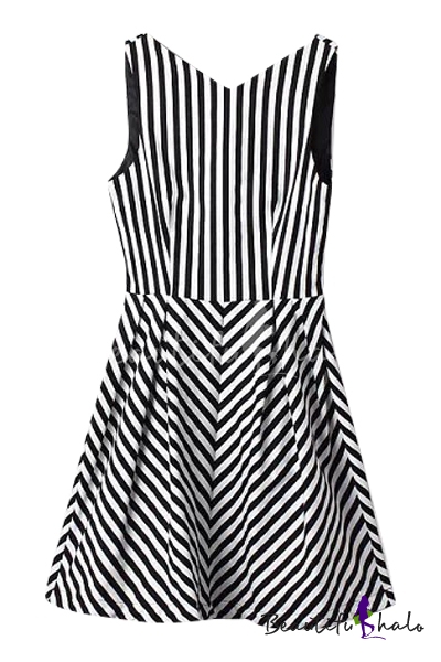 V-Neck Sleeveless Vertical&Inclineed Stripe Pattern Dress ...