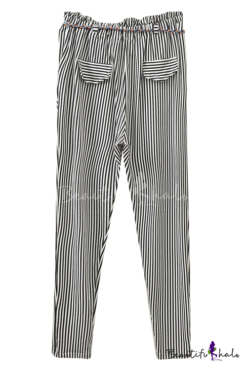 White/Black Stripe Print Drawstring Waist Pockets Loose Pants ...