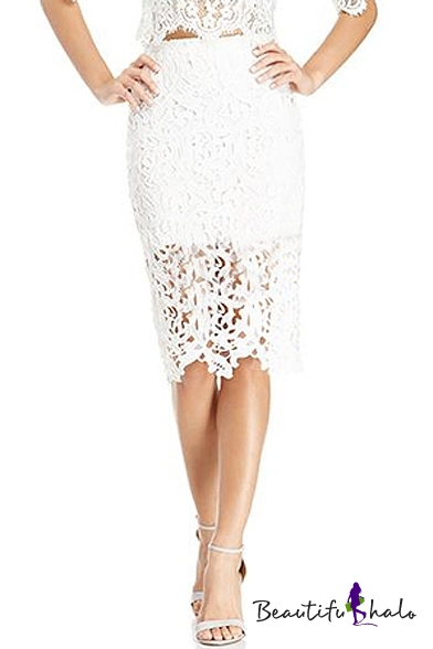 Plain High Waist Lace Crochet Pencil Skirt - Beautifulhalo.com