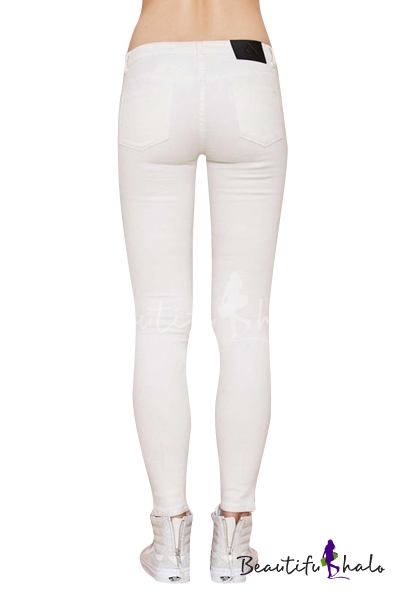 White Plain Busted Knees Plain Zippered Fitted Pencil Pants ...