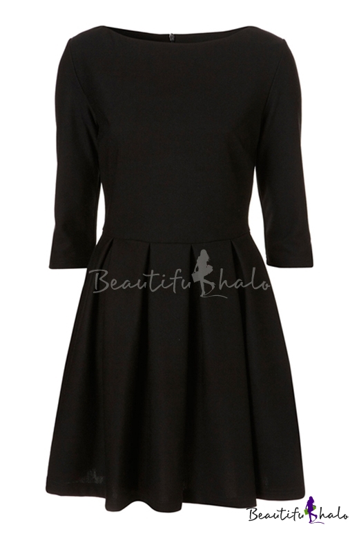 Black Plain Pleated Hem Fitted 3/4 Sleeve Round Neck Dress ...