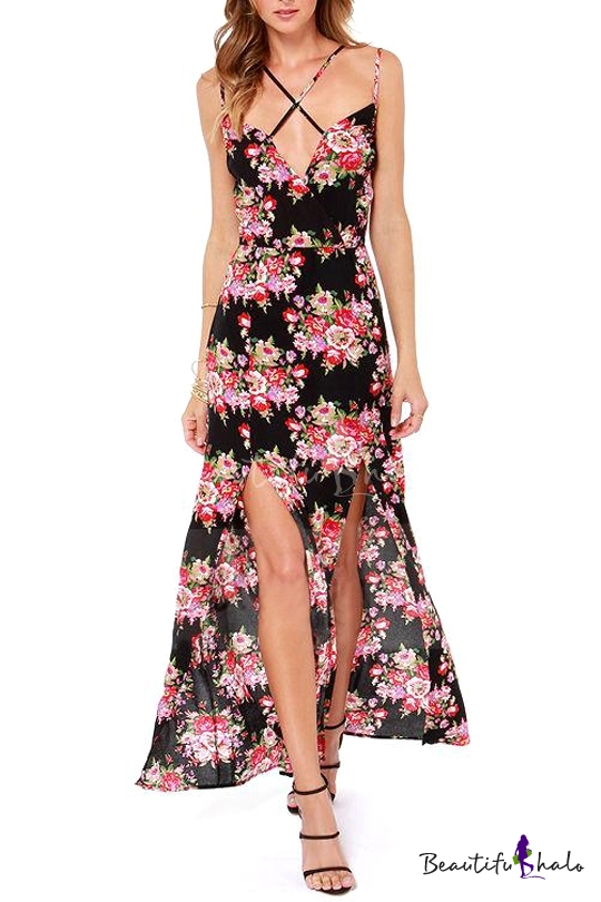 Opulent Blossom Cluster Print Cross Spaghetti Strap Front Split Dress ...