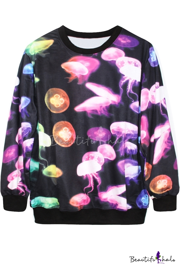 Fantastic Jellyfish Print Black Sweatshirt - Beautifulhalo.com