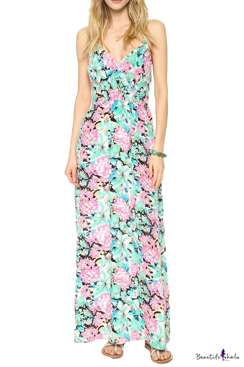 Fresh Blossom Print V-Neck Slip Longline Holiday Style Dress ...