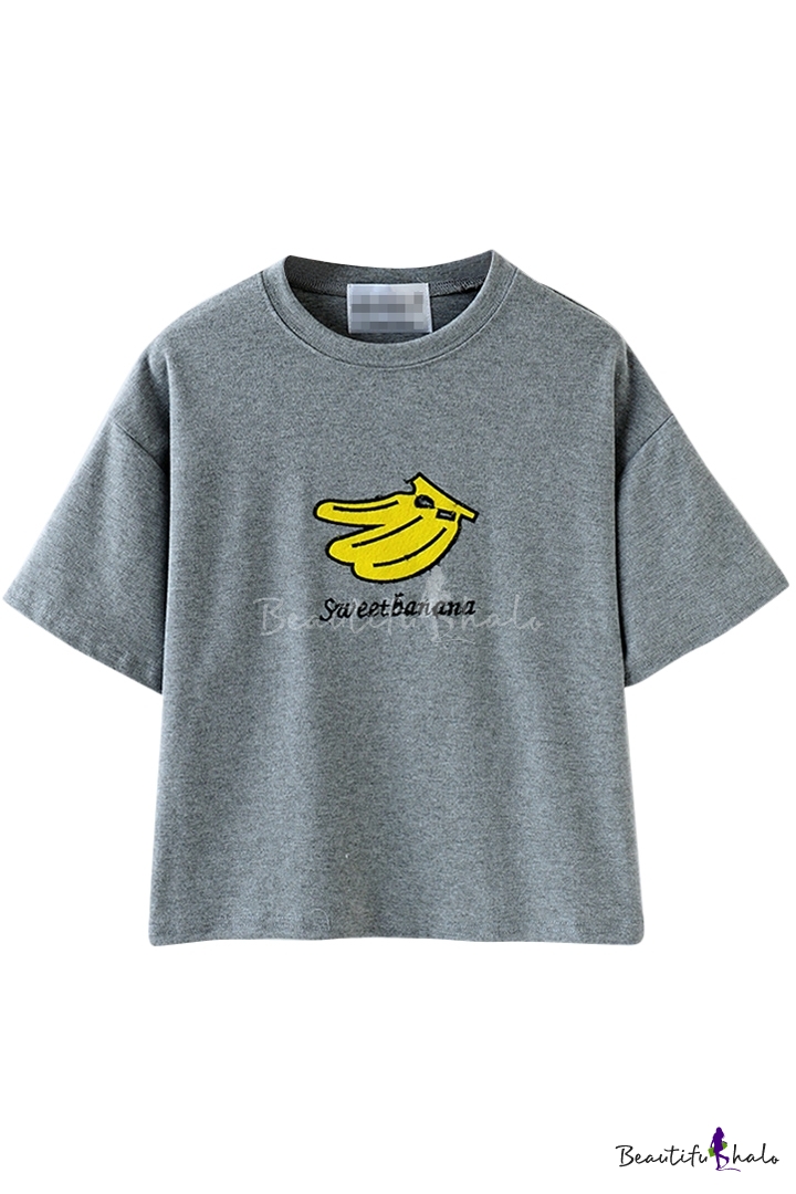 Fruit Banana Print Round Neck Short Sleeve T-Shirt - Beautifulhalo.com