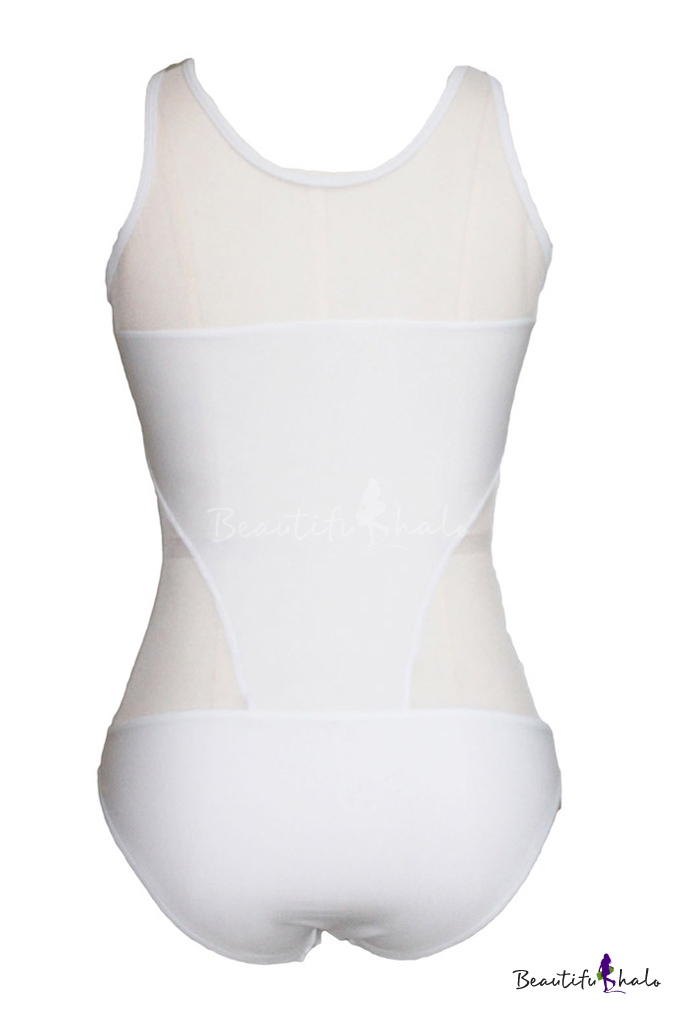 White Plain Sheer Net Insert Round Neck Swimwear - Beautifulhalo.com
