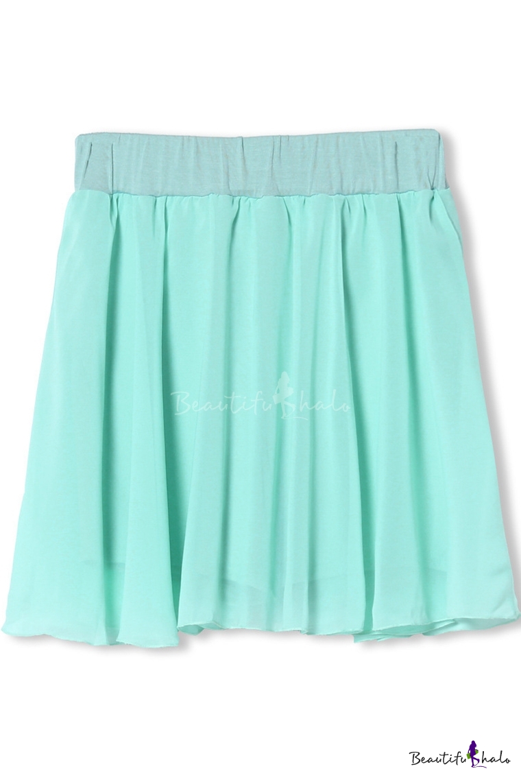 Green Chiffon Elastic Waist A-Line Pleated Skirt - Beautifulhalo.com