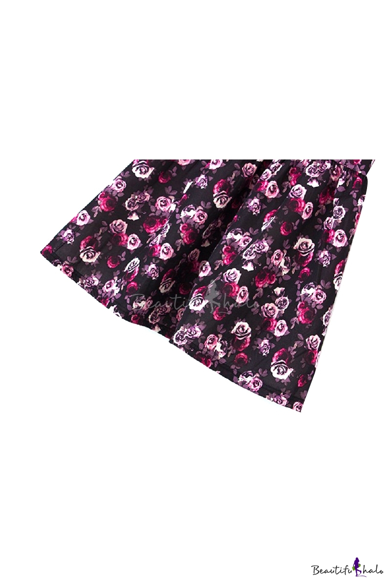 Black Background Pink Rose Print A-line Dress - Beautifulhalo.com