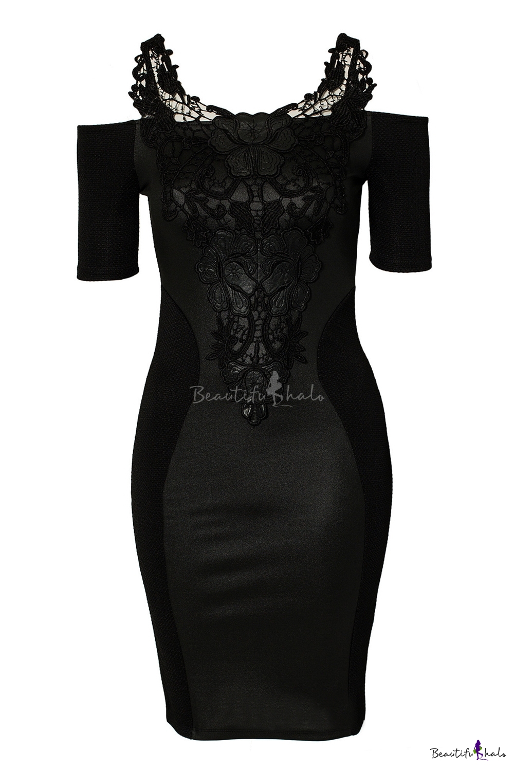 Lace Panel Short Sleeve Black Plain Dress - Beautifulhalo.com