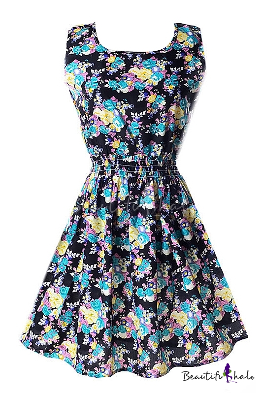 Black Sleeveless Blue&Yellow Flora Print Dress - Beautifulhalo.com