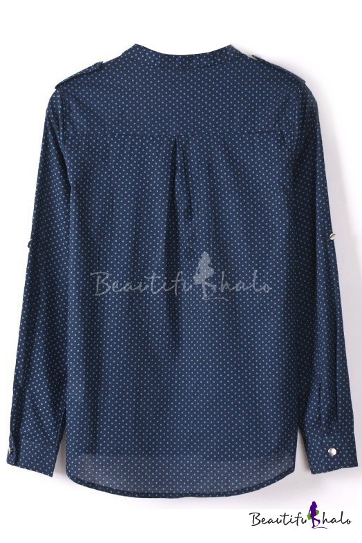 Dark Blue Dot Print V-Neck Shirt - Beautifulhalo.com