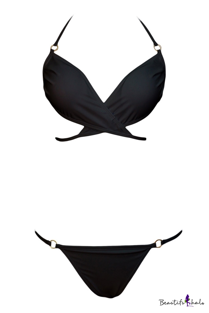 Black Halter Low Rise Triangle Bikini Set - Beautifulhalo.com