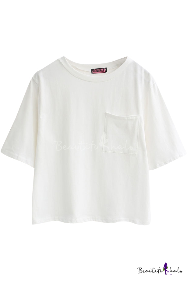 White Concise Single Pocket Crop T-Shirt - Beautifulhalo.com