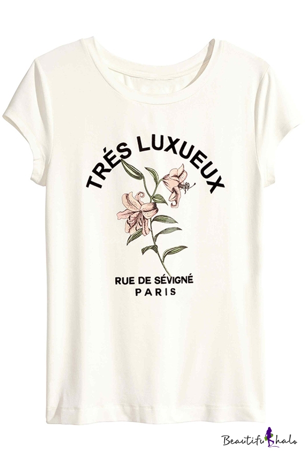 White Short Sleeve French Letters&Flower T-Shirt - Beautifulhalo.com