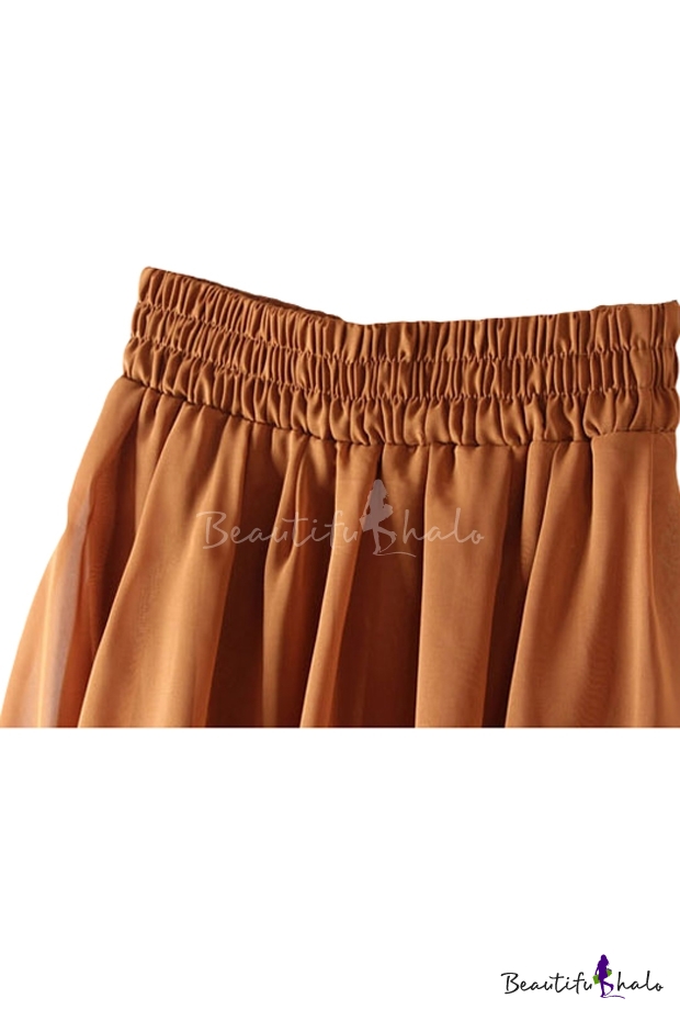 Brown Elastic High Waist Maxi Chiffon Skirt - Beautifulhalo.com