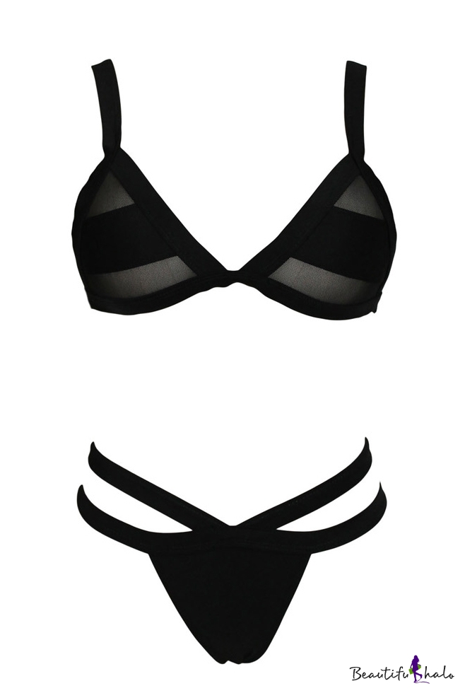 Black Adjustable Straps Triangle Bikini Set - Beautifulhalo.com