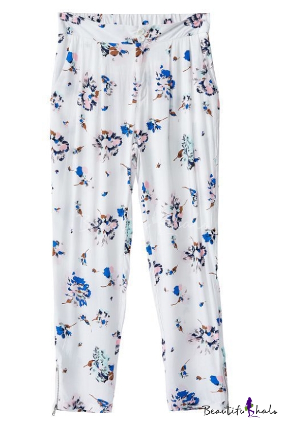 White Floral Print Harem Pants with Zip Detail - Beautifulhalo.com