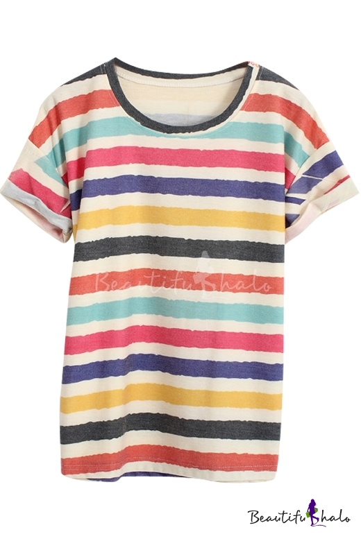 Colorful Stripe Print Round Neck Tee with Short Sleeve - Beautifulhalo.com