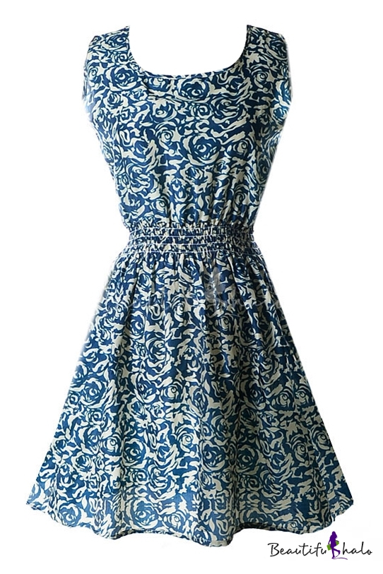 Scoop Neck Sleeveless Rose Print Dress - Beautifulhalo.com