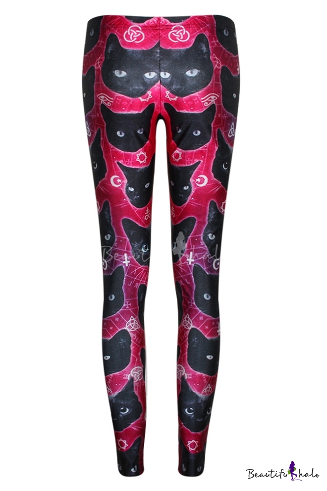 Black Cat Head Print Fitted Skinny Leggings - Beautifulhalo.com