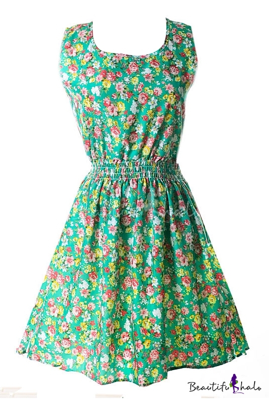 Green Sleeveless Blossom Flora Print Dress - Beautifulhalo.com