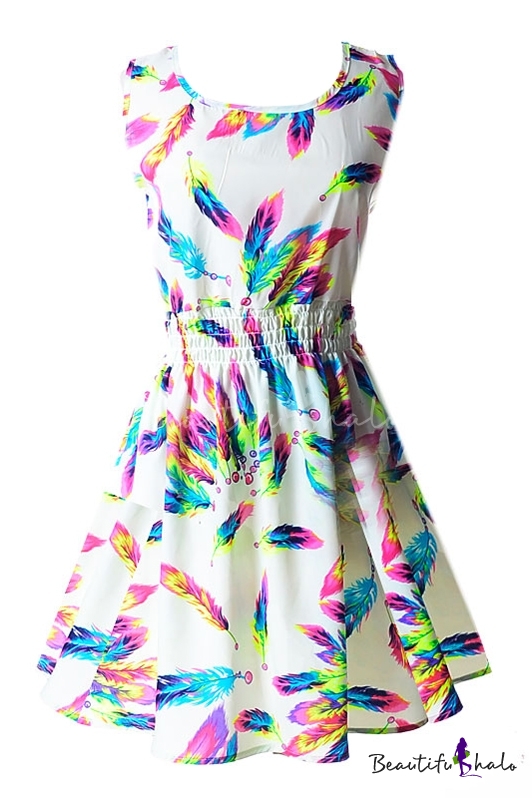 White Sleeveless Colorful Feather Print Dress - Beautifulhalo.com