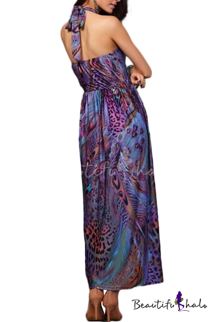 Halter Peacock Print Longline Bohemia Style Dress 5499