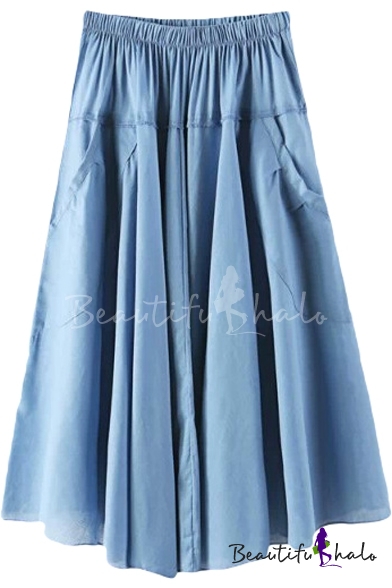 Elastic Waist Double Pockets A Line Midi Skirt