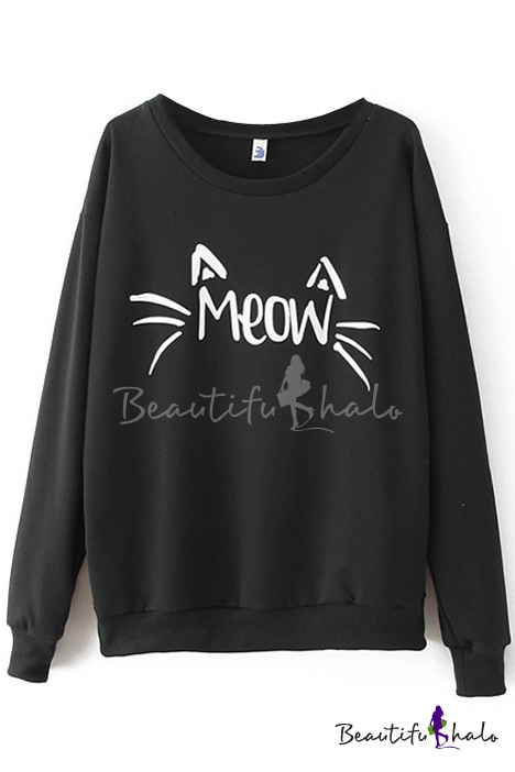 Black Letter Meow Print Round Neck Sweatshirt - Beautifulhalo.com