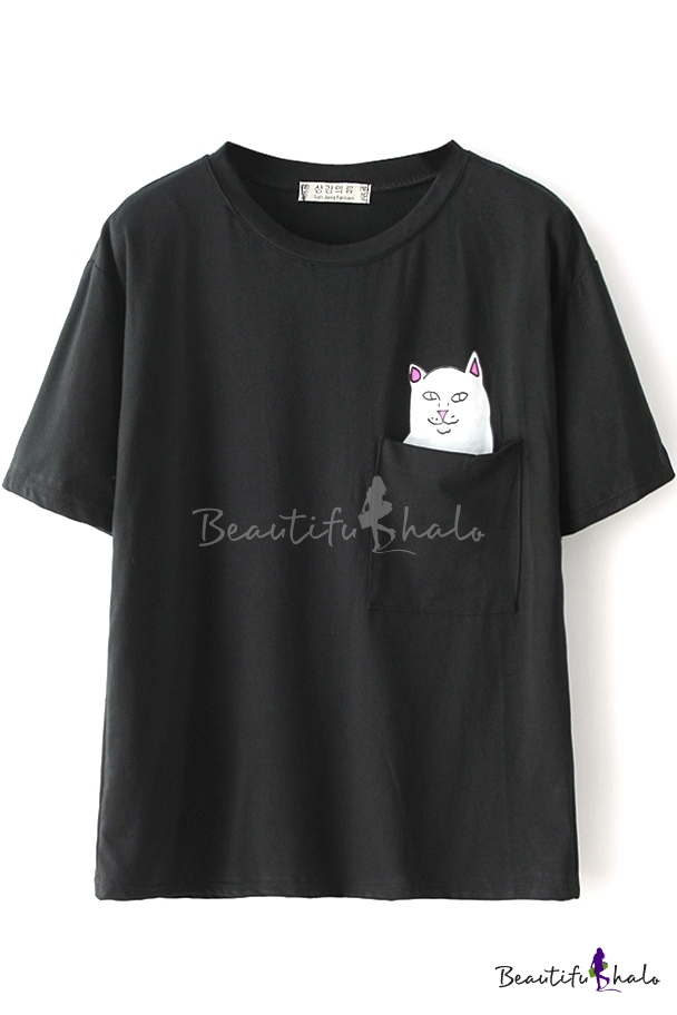 White Cat Print Back Round Neck Pocket Front T-Shirt - Beautifulhalo.com