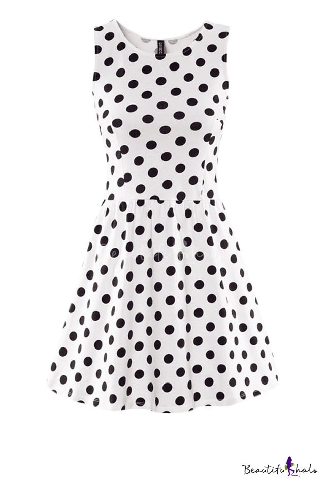 Must-have Sleeveless A-line Dress in Polka Dot Print - Beautifulhalo.com