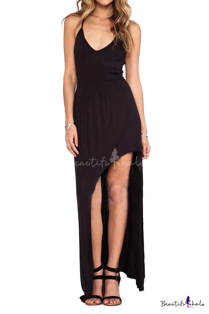 Black V Neck Slip Dress with Asymmetric Hem - Beautifulhalo.com