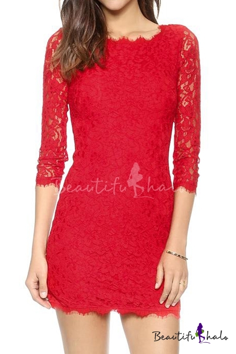 Attractive Zip Back Skinny Lace Dress with 3/4 Length Long Sleeve ...