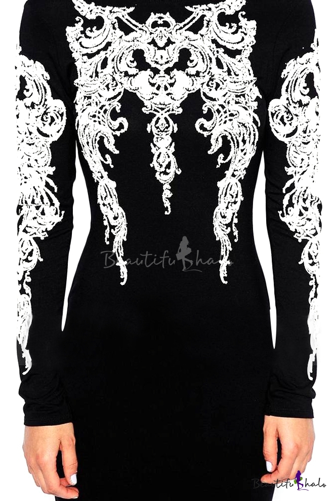 Backless Front Vintage Totem Embroidered Long Sleeve Slim Dress ...