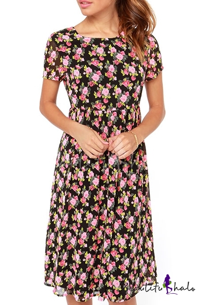 black dress with pink floral print