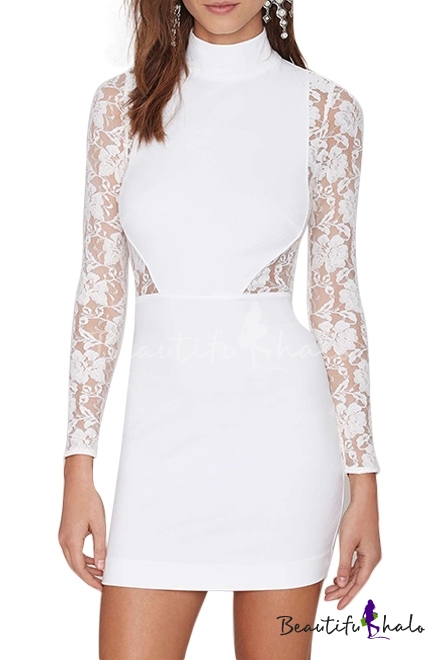 Sexy Lace Panel Top Keyhole Back High Neck White Bodycon Dress