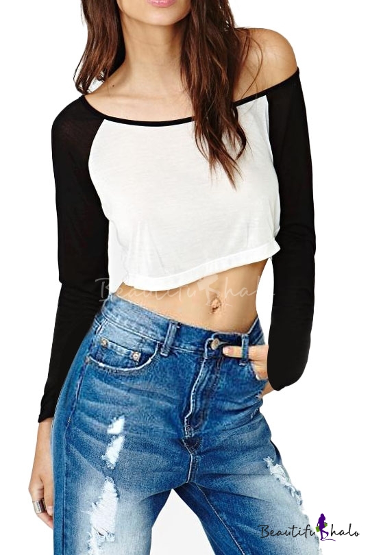 color block stitch trim crop tee