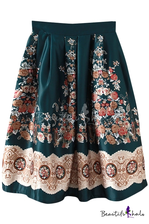 Dark Green Vintage Flower Midi A-line Skirt - Beautifulhalo.com