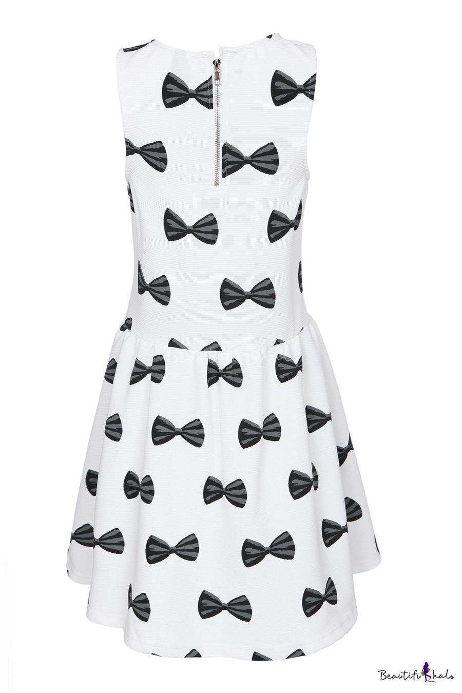 Black Bow Tie Print Sleeveless A-line White Mini Dress - Beautifulhalo.com