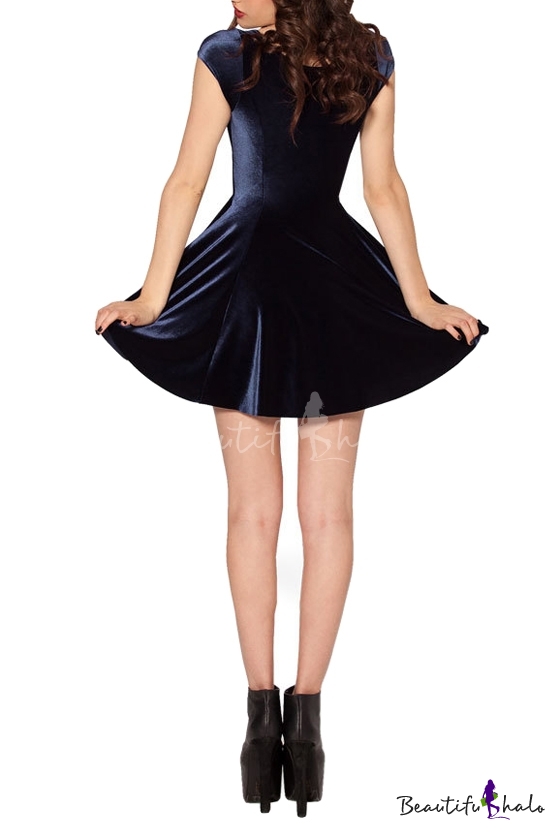 Dark Blue Round Neck Short Sleeve Velvet A-line Dress - Beautifulhalo.com
