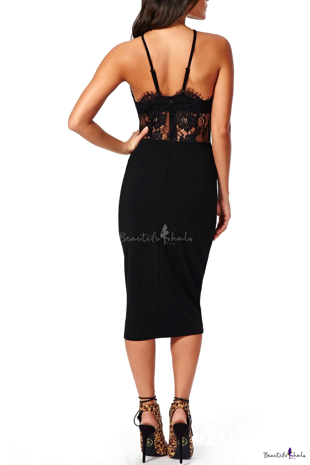 Black Halter Lace Inserted Sheer Fitted Midi Dress