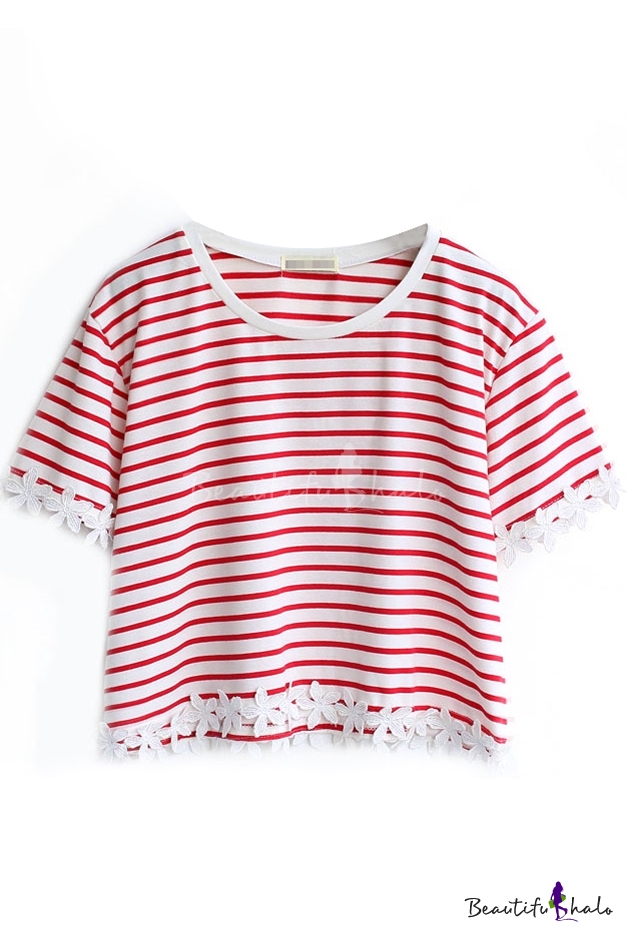 Red Striped Lace Trimmed Crop T-Shirt - Beautifulhalo.com