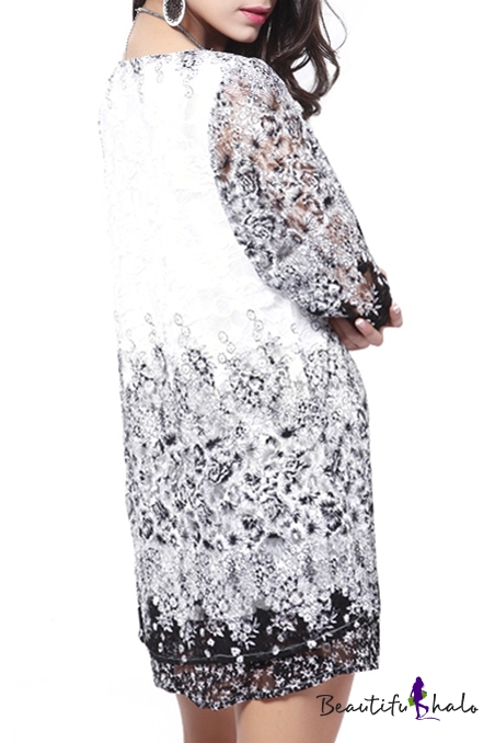 1/2 Sleeve Mono Flower Lace Insert Min Column Dress - Beautifulhalo.com