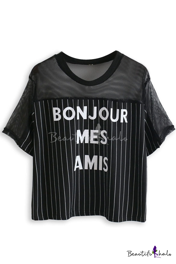 Black Sheer Striped Letter Print T-Shirt - Beautifulhalo.com